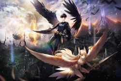 Rule 34 | 1boy, 1girl, absurdres, aselica (king&#039;s raid), black gloves, black hair, black pants, black wings, blue eyes, breasts, chain, cleavage, cloud, crystal, day, ddowmim, fantasy, feathered wings, floating island, flying, gloves, highres, holding, holding sword, holding wand, holding weapon, huge filesize, king&#039;s raid, mountain, outdoors, pants, pointy ears, red eyes, statue, sword, wand, weapon, white wings, wings