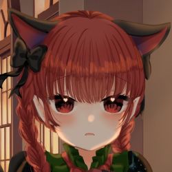 Rule 34 | 1girl, animal ears, aoringo orin, black bow, bow, braid, cat ears, extra ears, hair bow, kaenbyou rin, light frown, night, outdoors, parted lips, pointy ears, portrait, raised eyebrows, red eyes, red hair, solo, touhou, twin braids, twintails