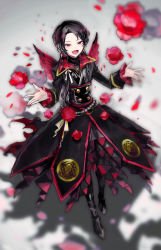Rule 34 | 10s, 1boy, :d, adapted costume, brown hair, earrings, fang, flower, frills, jewelry, kantarou (8kan), kashuu kiyomitsu, male focus, mole, mole under mouth, nail polish, open mouth, petals, ponytail, red eyes, red nails, red rose, rose, smile, touken ranbu, wings