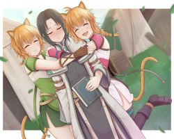 Rule 34 | 1boy, 2girls, absurdres, atorie, blush, cat girl, coat, collar, commission, embarrassed, fire emblem, fire emblem: radiant dawn, happy, highres, holding, hug, lethe (fire emblem), lyre (fire emblem), multiple girls, nintendo, non-web source, outdoors, pixiv commission, smile, soren (fire emblem), tail