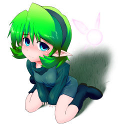 Rule 34 | 1girl, bare legs, blue eyes, blue footwear, boots, fairy, from above, green hair, hairband, long sleeves, looking up, nintendo, pointy ears, saria (zelda), short hair, sitting, sleeves past wrists, smile, solo, the legend of zelda, the legend of zelda: ocarina of time, v arms