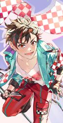 Rule 34 | 1boy, belt, black gloves, black hair, buckle, checkered flag, commentary, ensemble stars!, fingerless gloves, fingernails, flag, gloves, highres, holding, long sleeves, looking at viewer, lower teeth only, male focus, motor show (ensemble stars!), multicolored clothes, multicolored hair, nagumo tetora, official alternate costume, open mouth, orange eyes, ran (ckgr5884), red hair, short hair, sleeves past elbows, snap-fit buckle, solo, star (symbol), streaked hair, teeth, two-tone hair