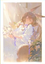 Rule 34 | 1girl, amiya (arknights), animal ears, arknights, blue eyes, blue ribbon, border, bouquet, brown hair, character name, choshanland plushy (arknights), dress, flower, green eyes, hair between eyes, hair flower, hair ornament, highres, holding, holding bouquet, indoors, jewelry, koujuan, long hair, looking at viewer, multiple rings, on chair, outside border, parted lips, pink flower, plant, rabbit ears, ribbon, ring, short sleeves, solo, white border, white dress, white flower, wide sleeves