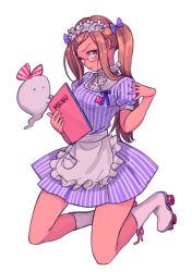 Rule 34 | 1girl, apron, axis powers hetalia, bad id, bad pixiv id, blonde hair, blush, bow, dress, flower, frilled apron, frills, full body, gender request, genderswap, ghost, glasses, green eyes, hair bow, hair flower, hair ornament, hairclip, holding, kneeling, long hair, menu, nantoka (yamakawa), pout, ribbon, roller skates, simple background, skates, solo, striped bow, striped clothes, striped dress, twintails, united kingdom (hetalia), waitress, white background