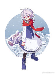 Rule 34 | 1girl, ahoge, apron, blue footwear, bow, braid, dated, frilled skirt, frills, frown, full body, green bow, hair bow, izayoi sakuya, ko kita, long sleeves, maid apron, maid headdress, pantyhose, red eyes, red scarf, scarf, shoes, silver hair, skirt, skirt set, sneakers, snowing, solo, standing, touhou, translation request, twin braids