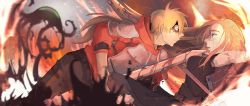 Rule 34 | 1boy, 1girl, absurdres, arm belt, armor, battle, belt, black gloves, black skirt, blonde hair, blood, bloody weapon, blue eyes, brown hair, coat, colored sclera, creature, crying, crying with eyes open, day, eldo (pixiv fantasia last saga), eye contact, fur trim, gloves, green sclera, hair between eyes, highres, holding, holding polearm, holding sword, holding weapon, long hair, looking at another, madalena (pixiv fantasia last saga), naga tatta, outdoors, pixiv fantasia, pixiv fantasia last saga, polearm, red eyes, scar, skirt, sword, tears, weapon