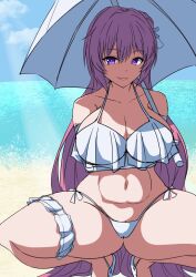 Rule 34 | 1girl, :d, alternate costume, beach, bikini, breasts, cameltoe, cleavage, day, dorothy (nikke), frilled bikini, frills, goddess of victory: nikke, hair bun, holding, large breasts, long hair, looking at viewer, ocean, open mouth, outdoors, parasol, parted lips, pink hair, purple eyes, sand, sankakukin gear, side-tie bikini bottom, sketch, smile, solo, spread legs, squatting, swimsuit, thigh strap, umbrella, very long hair, water