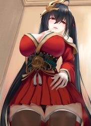Rule 34 | 1girl, antenna hair, awu, azur lane, bare shoulders, black hair, black panties, blush, breasts, cameltoe, finger to mouth, hair between eyes, hair ornament, hair ribbon, hand on own hip, highres, huge breasts, japanese clothes, kimono, long hair, looking at viewer, looking down, mask, off shoulder, open mouth, panties, pleated skirt, red kimono, ribbon, skirt, solo, taihou (azur lane), thighhighs, twintails, underwear, very long hair