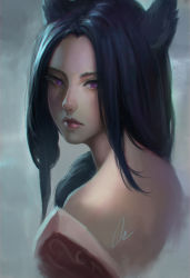 Rule 34 | 1girl, ahri (league of legends), animal ears, bare shoulders, black hair, breasts, chaosringen, detached sleeves, eyebrows, eyelashes, fox ears, from behind, from side, gradient background, grey background, highres, korean clothes, league of legends, lips, lipstick, long hair, looking at viewer, looking back, looking to the side, makeup, nose, parted lips, portrait, purple eyes, realistic, red lips, signature, solo