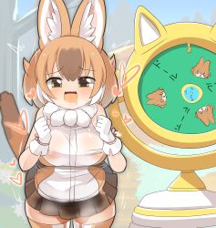 Rule 34 | 1girl, animal ears, blush, breasts, breath, brown eyes, brown hair, brown shirt, brown skirt, brown thighhighs, closed mouth, commentary request, covered erect nipples, cowboy shot, dhole (kemono friends), dog ears, dog girl, dog tail, half-closed eyes, heart, heart in eye, highres, kemono friends, kemono friends 3, large breasts, lets0020, looking at viewer, medium bangs, miniskirt, multicolored hair, shirt, short hair, skirt, sleeveless, sleeveless shirt, smile, solo, symbol in eye, tail, thighhighs, translation request, two-tone hair, two-tone shirt, wheel, white shirt