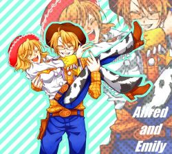 Rule 34 | 1boy, 1girl, ^ ^, america (hetalia), artist request, axis powers hetalia, belt, blonde hair, blush, boots, carrying, character name, closed eyes, couple, cowboy, cowboy boots, cowboy hat, cowboy western, crossover, disney, dual persona, english text, gender request, genderswap, glasses, grin, happy, hat, holster, outline, princess carry, sheriff badge, short hair, simple background, smile, striped, striped background, toy story, western, zoom layer