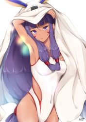 Rule 34 | 1girl, animal ears, arm up, armpits, blush, breasts, competition swimsuit, covered navel, dark-skinned female, dark skin, facial mark, fate/grand order, fate (series), highres, hoshimiya mashiro, long hair, looking at viewer, medium breasts, nitocris (fate), nitocris (fate/grand order), nitocris (swimsuit assassin) (fate), nitocris (swimsuit assassin) (second ascension) (fate), one-piece swimsuit, purple eyes, purple hair, solo, swimsuit, veil