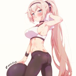 Rule 34 | 1girl, aqua eyes, arbiter1, arm up, armpits, azur lane, ball, black pants, blonde hair, character name, exercise ball, from behind, highres, holding, holding towel, long hair, looking at viewer, looking back, official alternate costume, painleve (azur lane), painleve (team stretching) (azur lane), pants, pantylines, ponytail, sports bra, sweat, tight clothes, tight pants, towel, white background, white sports bra, wiping sweat, yoga pants
