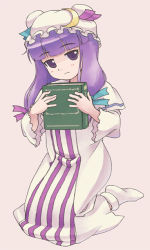 Rule 34 | 1girl, c-lop, dress, female focus, full body, hat, kneeling, patchouli knowledge, simple background, solo, tagme, touhou