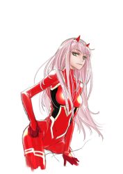 Rule 34 | 1girl, bodysuit, breasts, closed mouth, commentary, cowboy shot, darling in the franxx, english commentary, green eyes, highres, horns, long hair, looking at viewer, medium breasts, pink hair, ratana satis, red bodysuit, solo, white background, zero two (darling in the franxx)