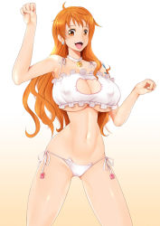 Rule 34 | 1girl, animal print, breasts, cat lingerie, cat panties, cat print, cleavage, cleavage cutout, clothing cutout, covered erect nipples, huge breasts, janong, long hair, looking at viewer, matching hair/eyes, meme attire, nami (one piece), narrow waist, navel, one piece, open mouth, orange eyes, orange hair, panties, print panties, smile, solo, standing, underwear
