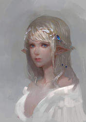 Rule 34 | 1girl, blue eyes, elf, face, fom (lifotai), grey hair, hair ornament, jewelry, lips, looking at viewer, original, pointy ears, realistic, solo