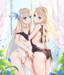 Rule 34 | 2girls, artist request, ass, bare shoulders, blonde hair, blue dress, blue eyes, blurry, breasts, closed mouth, cowboy shot, day, depth of field, dress, gloves, hairband, highres, lexington (warship girls r), long hair, looking at viewer, looking back, medium breasts, multiple girls, navel, smile, very long hair, warship girls r, white dress, white gloves