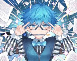 Rule 34 | 1boy, bad id, bad twitter id, blue eyes, blue hair, bow, bowtie, double v, emotional engine - full drive, fate/grand order, fate (series), glasses, hands up, hans christian andersen (fate), highres, long sleeves, looking at viewer, male focus, open mouth, parody, solo, sparkle, star (symbol), umi tomo, v, vest