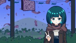 Rule 34 | 1girl, :/, aircraft, airplane, aqua hair, black choker, black shirt, blue eyes, blunt bangs, blush stickers, bob cut, bomber, brown coat, carpet, carpet bombing, chibikki, choker, closed mouth, clothes writing, coat, day, dithering, expressionless, facing viewer, hand up, highres, long sleeves, looking at viewer, military, military vehicle, mountain, nanako (chibikki), original, outdoors, outline, pixel art, plant, power lines, shirt, short hair, silhouette, solo, straight-on, tsurime, upper body, utility pole, v, visual pun
