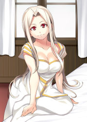 Rule 34 | 1girl, azu, bed, breasts, cleavage, curtains, dress, fate/zero, fate (series), female focus, irisviel von einzbern, irisviel von einzbern (angel&#039;s song), long hair, looking at viewer, red eyes, solo, white hair, window