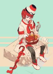 Rule 34 | 1boy, animal hands, armband, bandaged hand, basket, black sclera, cane, coat, colored sclera, commentary request, danaka, envelope, flag, flower, fukase, headset, highres, holding, holding basket, holding flower, looking at object, looking down, male focus, neckerchief, point (vocaloid), pouty lips, red eyes, red hair, red neckerchief, rock, scar, scar on face, sitting, vocaloid, white coat