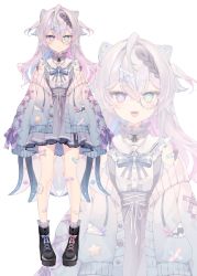 Rule 34 | 1girl, ankle boots, aqua eyes, bandaid, bandaid on leg, black footwear, boots, cardigan, closed mouth, dress, heterochromia, highres, indie virtual youtuber, light purple hair, long hair, looking at viewer, monocle, multiple views, muzin chan, open cardigan, open clothes, open mouth, purple eyes, ribbon-trimmed sleeves, ribbon trim, second-party source, sleeves past fingers, sleeves past wrists, umiushi kanata, virtual youtuber, white background, zoom layer