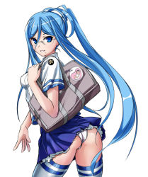 Rule 34 | 10s, 1girl, aegis (nerocc), aoki hagane no arpeggio, ass, bag, bespectacled, blue eyes, blue hair, glasses, long hair, matching hair/eyes, md5 mismatch, mole, mole under mouth, panties, pantyshot, ponytail, resolution mismatch, school bag, school uniform, simple background, solo, source larger, takao (aoki hagane no arpeggio), underwear, very long hair