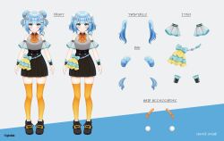 1girl absurdres animal animal_on_shoulder bird black_footwear black_skirt black_wrist_cuffs blue_bow blue_eyes blue_hair bow bowtie breasts character_sheet closed_mouth copyright_notice double_bun globie grey_shirt hair_bun hair_ornament hair_scrunchie high-waist_skirt highres orange_bow orange_bowtie orange_scrunchie orange_thighhighs penguin pippa_pebblesworth plaid_bow plaid_bowtie plaid_clothes pom_pom_(clothes) pom_pom_hair_ornament scrunchie second-party_source shirt skirt sleeveless sleeveless_shirt smile thighhighs twintails wrist_cuffs yukiunag1