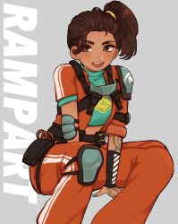 Rule 34 | 1girl, absurdres, animification, apex legends, aqua shirt, arm tattoo, blush, brown eyes, brown hair, character name, cropped shirt, dark-skinned female, dark skin, earrings, elbow pads, facial mark, forehead mark, grey background, hair behind ear, highres, jewelry, jumpsuit, knee pads, looking to the side, orange jumpsuit, rampart (apex legends), ritomidi, shirt, side ponytail, single elbow pad, single knee pad, sitting, solo, tattoo, tooth gap