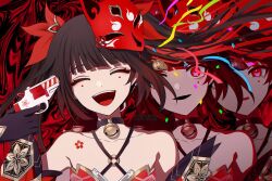 Rule 34 | 1girl, abstract background, artist name, bare shoulders, bell, black choker, black gloves, blunt bangs, brown hair, butterfly-shaped pupils, chinikuniku, choker, closed eyes, collarbone, confetti, dated, detached sleeves, dress, eyeshadow, floral print, flower tattoo, fox mask, gloves, gold trim, gradient hair, gun, hair ornament, hand up, handgun, holding, holding gun, holding weapon, honkai: star rail, honkai (series), long hair, long sleeves, looking at viewer, makeup, mask, mask on head, mole, mole under each eye, mole under eye, multicolored hair, multiple moles, neck bell, open mouth, red background, red dress, red eyes, red eyeshadow, red hair, red mask, smile, solo, sparkle (honkai: star rail), standing, symbol-shaped pupils, tattoo, tearing up, teeth, tongue, twintails, two-tone hair, upper body, watermark, weapon, wide sleeves