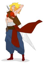 Rule 34 | 1girl, arm up, belt, blonde hair, boots, breasts, cossack, female focus, full body, hair flaps, ksenia (sich.co), long hair, pants, red pants, shadow, shirt, simple background, solo, sword, transparent background, ukraine, weapon, white background, white shirt