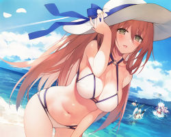 Rule 34 | 4girls, absurdres, alternate costume, bare shoulders, beach, bikini, blue sky, breasts, brown hair, cleavage, contrail, cowboy shot, day, dutch angle, five-seven (cruise queen) (girls&#039; frontline), five-seven (girls&#039; frontline), girls&#039; frontline, green eyes, hair between eyes, halterneck, hand on headwear, hat, hat ribbon, highres, in the face, large breasts, long hair, looking at viewer, m1 garand (beach princess) (girls&#039; frontline), m1 garand (girls&#039; frontline), multi-strapped bikini, multiple girls, navel, ntw-20 (girls&#039; frontline), ntw-20 (op. blazing sun) (girls&#039; frontline), o-ring, o-ring bikini, o-ring top, official alternate costume, official art, open mouth, petals, ribbon, scan, sky, solo focus, springfield (girls&#039; frontline), springfield (stirring mermaid) (girls&#039; frontline), suisai (suisao), sun hat, swimsuit, white bikini