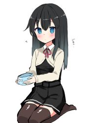 Rule 34 | 1girl, absurdres, asashio (kancolle), black hair, black thighhighs, blue eyes, bowl, commentary request, dress, full body, highres, jacket, kantai collection, long hair, long sleeves, neck ribbon, pet bowl, pinafore dress, red ribbon, ribbon, seiza, simple background, sitting, sleeveless dress, solo, thighhighs, white background, white jacket, yuuzaki