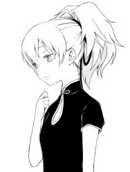 Rule 34 | 1girl, absurdres, bad id, bad pixiv id, china dress, chinese clothes, darker than black, dress, face, flat chest, greyscale, hair ribbon, highres, max0201, monochrome, ponytail, ribbon, short sleeves, simple background, solo, yin (darker than black)