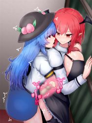 Rule 34 | 2girls, ass, black headwear, black legwear, blue hair, blue skirt, blush, breasts, censored, clothed sex, cowboy shot, cum, cum in pussy, double zeta, eye contact, food, fruit, futa with female, futanari, hair between eyes, hat, head wings, heart, highres, hinanawi tenshi, koakuma, large breasts, long hair, long sleeves, looking at another, mosaic censoring, multiple girls, open mouth, peach, penis, pointy ears, puffy sleeves, red eyes, red hair, shirt, skirt, standing, thighs, touhou, white shirt, wings