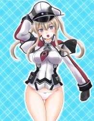 Rule 34 | 1girl, adjusting clothes, adjusting headwear, blonde hair, blue eyes, bow, bow panties, capelet, cowboy shot, crotch seam, fang, gloves, gluteal fold, graf zeppelin (kancolle), hat, highres, jacket, kantai collection, long hair, long sleeves, looking at viewer, no pants, open mouth, panties, peaked cap, pink panties, smile, solo, standing, tachibana hiroki, twintails, underwear