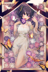 Rule 34 | 1girl, afloat, asagi yuna, bare shoulders, barefoot, black hair, blue flower, breasts, bug, butterfly, butterfly hair ornament, cleavage, collarbone, flower, from above, grey kimono, hair ornament, head tilt, highres, holding, holding flower, insect, japanese clothes, kimono, long sleeves, lying, medium breasts, off shoulder, on back, open mouth, original, purple eyes, purple flower, sharp teeth, shiny skin, short hair, short twintails, solo, teeth, tongue, tongue out, twintails, water, wide sleeves