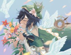 Rule 34 | 1boy, bard, beret, bird, black hair, blue hair, bouquet, braid, cape, closed eyes, collared cape, commentary, dove, english commentary, feathered wings, flower, frilled sleeves, frills, genshin impact, green cape, green hat, hat, hat flower, highres, male focus, shirt, short hair with long locks, solo, twin braids, venti (genshin impact), white flower, white shirt, white wings, wings, xiownzhou (congee)