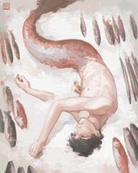 Rule 34 | 1boy, blood, brown hair, completely nude, corpse, death, driftwoodwolf, empty eyes, fish, full body, ice, lying, merman, monster boy, nude, on side, original, red eyes, short hair, signature, solo, upside-down
