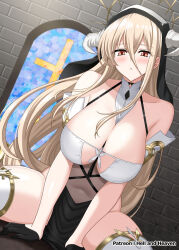 Rule 34 | 1girl, azur lane, bare shoulders, between breasts, black gloves, blonde hair, breast cutout, breasts, cleavage, covered navel, gloves, habit, half gloves, hellandheaven, highres, horns, implacable (azur lane), large breasts, long hair, looking at viewer, nun, pelvic curtain, red eyes, revealing clothes, solo, thighhighs, two-tone dress, white horns, white thighhighs