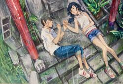 Rule 34 | 1boy, 1girl, absurdres, amano hina (tenki no ko), artist name, bare legs, black choker, blue hair, blue shorts, brown hair, choker, closed eyes, colored pencil (medium), commentary, commentary request, dated, denim, english commentary, highres, holding hands, hood, hood down, hoodie, korean commentary, long hair, low twintails, lying, making-of available, mixed-language commentary, morishima hodaka (tenki no ko), on back, open mouth, p.art, rain, scrape, shirt, short hair, shorts, sleeveless, sleeveless hoodie, smile, tenki no ko, torii, traditional media, twintails, white hoodie, white shirt