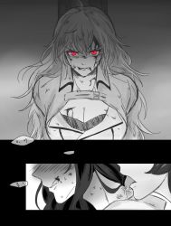 Rule 34 | 3girls, blake belladonna, blush, breasts, cleavage, comic, female focus, gradient background, huge breasts, licking, long hair, monochrome, multiple girls, neo politan, netorare, red eyes, restrained, rwby, short hair, spot color, upper body, yahaee, yang xiao long, yuri