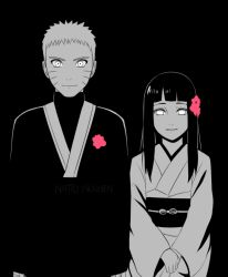 Rule 34 | black background, bride, couple, flower, formal, hair flower, hair ornament, hime cut, husband and wife, hyuuga hinata, japanese clothes, kimono, monochrome, naruto: the last, naruto (series), nguyen quynh chi, smile, spiked hair, spoilers, spot color, uzumaki naruto, wedding, whiskers
