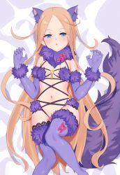 Rule 34 | 1girl, abigail williams (fate), animal ears, bare shoulders, blonde hair, blue eyes, blush, bow, breasts, claw pose, cleavage, cosplay, elbow gloves, fate/grand order, fate (series), forehead, fur-trimmed gloves, fur-trimmed legwear, fur collar, fur trim, gloves, highres, jilu, lace, lace-trimmed legwear, lace trim, long hair, looking at viewer, lying, mash kyrielight, mash kyrielight (dangerous beast), mash kyrielight (dangerous beast) (cosplay), navel, o-ring, o-ring top, on back, open mouth, parted bangs, purple gloves, purple thighhighs, revealing clothes, small breasts, solo, tail, thighhighs, thighs, wolf ears, wolf tail