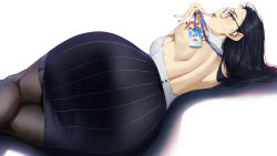 Rule 34 | 1girl, ass, ass focus, backless outfit, black-framed eyewear, black hair, black nails, black pantyhose, black skirt, blue eyes, blueorca, breasts, collared shirt, glasses, highres, large breasts, lips, long hair, mole, mole under eye, nail polish, name tag, original, pantyhose, parted lips, pencil skirt, round eyewear, shirt, sideboob, simple background, skirt, sleeveless, sleeveless shirt, solo, striped clothes, striped skirt, teeth, thighs, upper teeth only, white background, white shirt