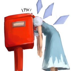 Rule 34 | 1girl, bad id, bad pixiv id, cirno, dress, female focus, ice, ice wings, mailbox, nurif, postbox, solo, touhou, translated, wings