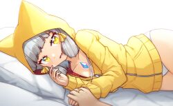 Rule 34 | 1boy, 1girl, alten, animal ears, animal hood, bed, blunt bangs, cat ears, chest jewel, collarbone, commentary, core crystal (xenoblade), english commentary, facial mark, grey hair, hair ribbon, head on pillow, highres, holding hands, hood, hood up, hooded jacket, jacket, jewelry, long sleeves, lying, nia (xenoblade), on bed, on side, open mouth, panties, pov, ribbon, ring, short hair, smile, tress ribbon, underwear, wedding ring, white panties, xenoblade chronicles (series), xenoblade chronicles 2, yellow eyes, yellow jacket, zipper pull tab