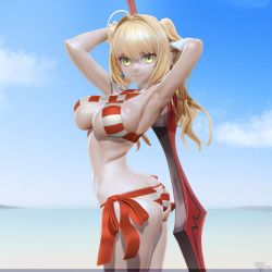 Rule 34 | 1girl, 3:, 3d, aestus estus, ahoge, armpits, arms up, ass, beach, bikini, blonde hair, blue sky, breasts, cleavage, closed mouth, cowboy shot, criss-cross halter, day, earrings, fate/grand order, fate (series), from side, green eyes, hair intakes, halterneck, hand in own hair, highres, horizon, jewelry, large breasts, leslyzerosix, long hair, looking at viewer, navel, nero claudius (fate), nero claudius (fate) (all), nero claudius (swimsuit caster) (fate), outdoors, side-tie bikini bottom, sideboob, single earring, sky, solo, striped bikini, striped clothes, swimsuit, twintails, twisted torso, underboob