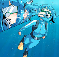 Rule 34 | 1girl, blue hair, blue wetsuit, bodysuit, breasts, commentary request, commission, dairi, diving regulator, diving suit, kawashiro nitori, long sleeves, medium breasts, medium hair, scuba, scuba gear, skeb commission, snorkel mask, solo, touhou, two side up, underwear, wetsuit